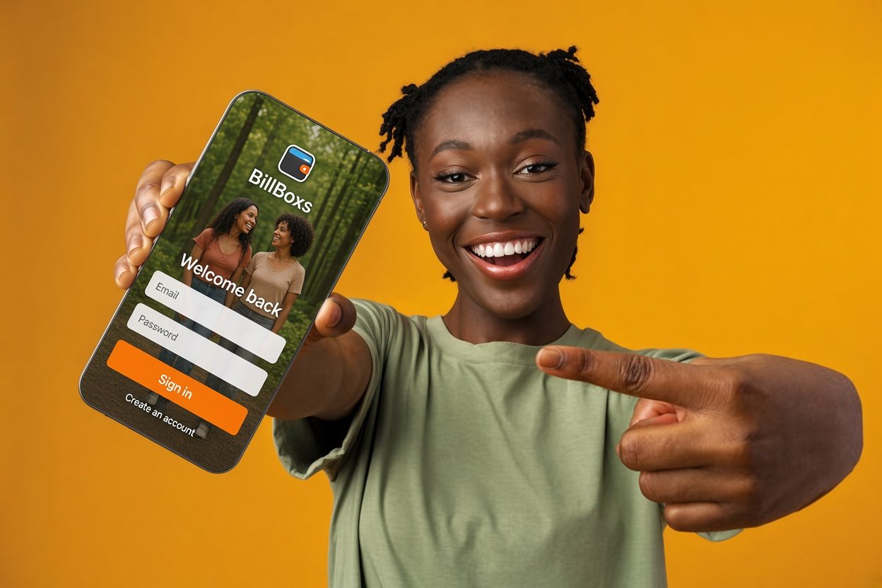 Woman showing the BillBoxs app on her phone
